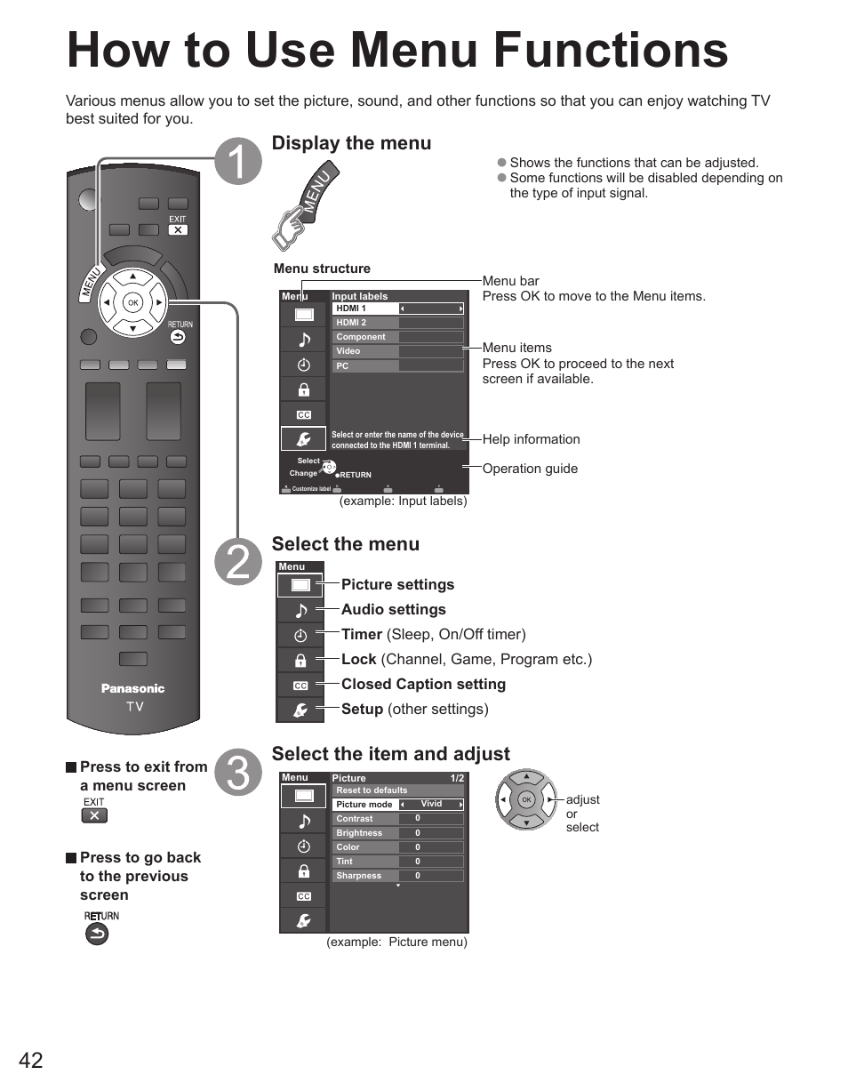 How to use menu functions, Display the menu, Select the menu | Select the item and adjust | Panasonic TC-50PX34 User Manual | Page 43 / 62