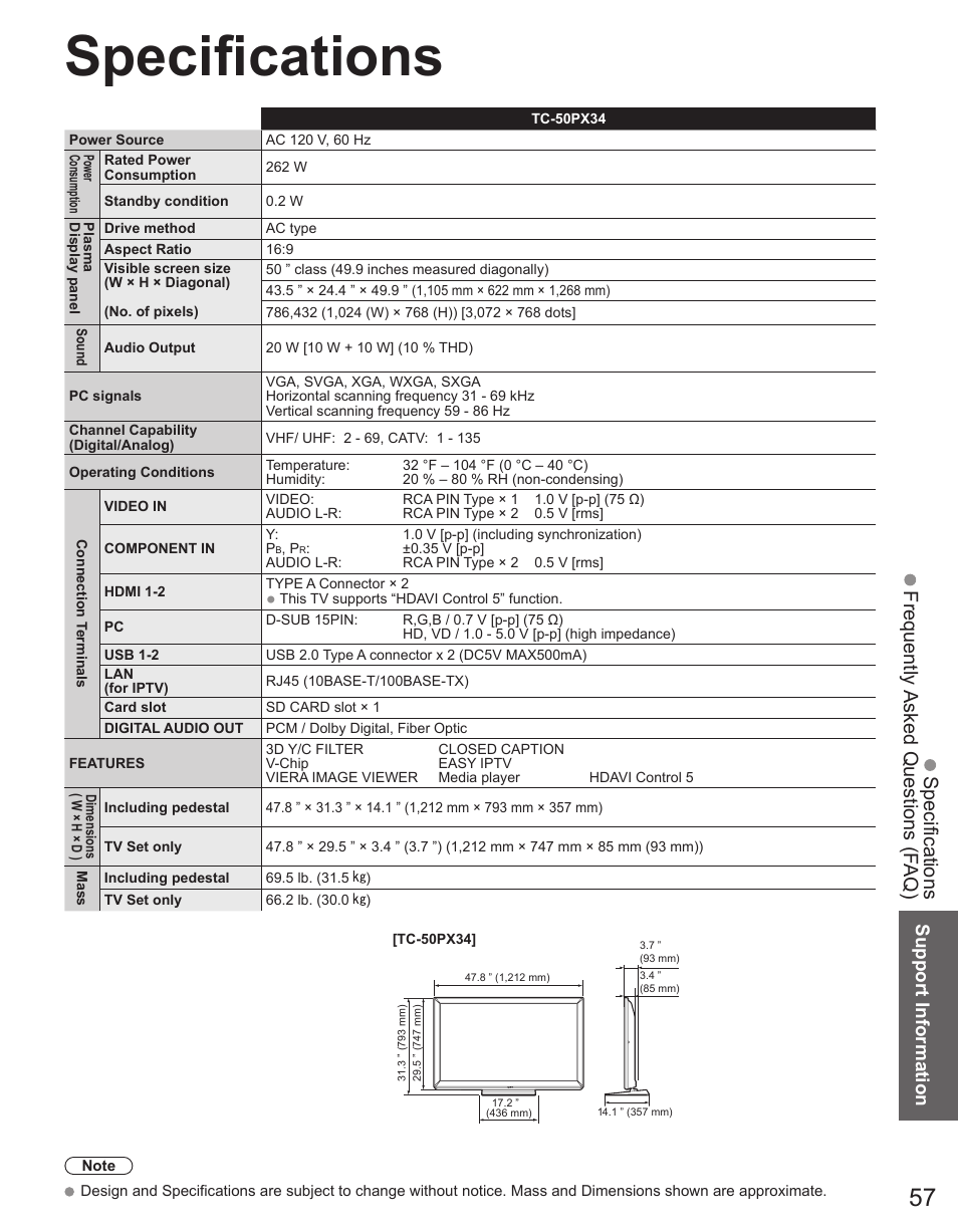Specifications, Specifications frequently asked questions (f aq), Support information | Panasonic TC-50PX34 User Manual | Page 58 / 62
