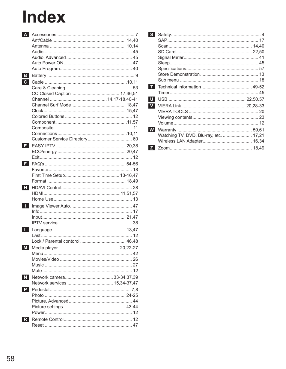 Index | Panasonic TC-50PX34 User Manual | Page 59 / 62