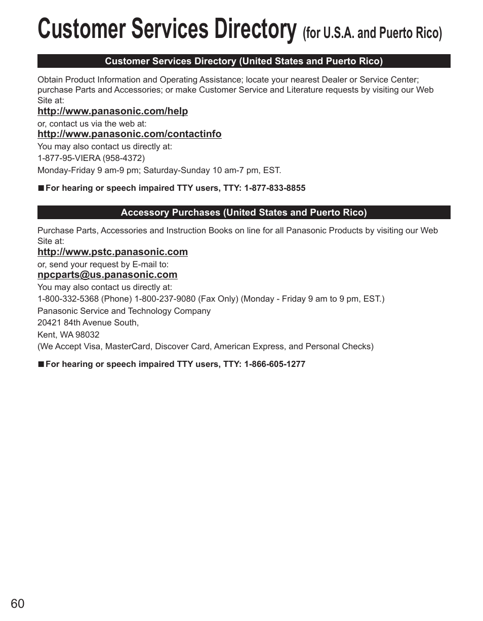 Customer services directory, For u.s.a. and puerto rico) | Panasonic TC-50PX34 User Manual | Page 61 / 62