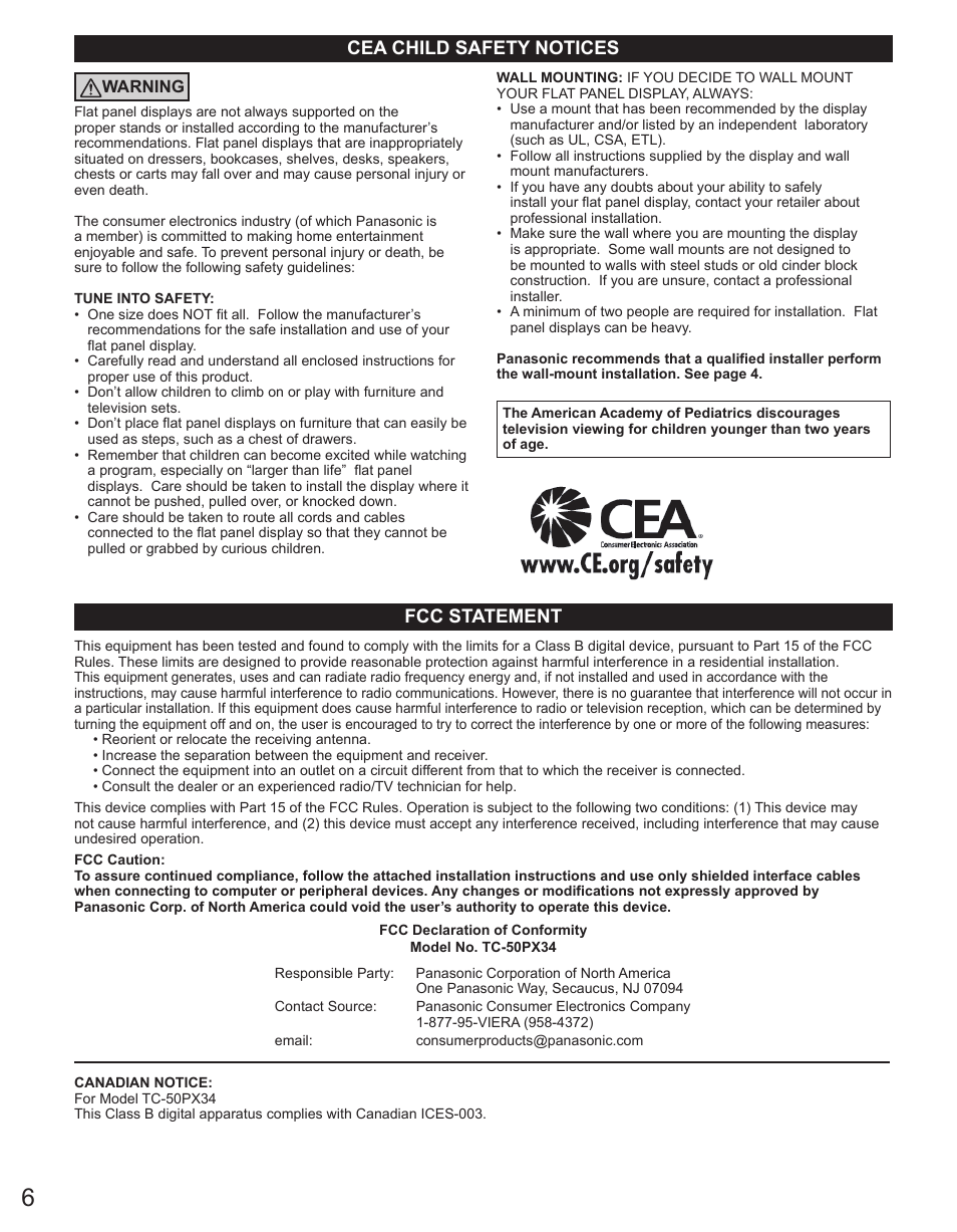 Fcc statement, Cea child safety notices | Panasonic TC-50PX34 User Manual | Page 7 / 62