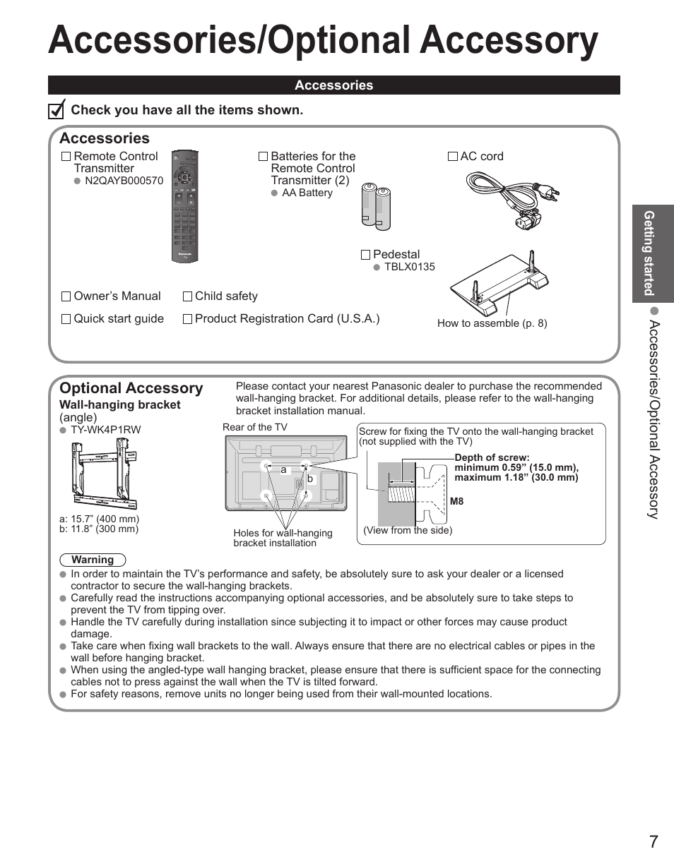 Accessories/optional accessory, Accessories, Optional accessory | Panasonic TC-50PX34 User Manual | Page 8 / 62