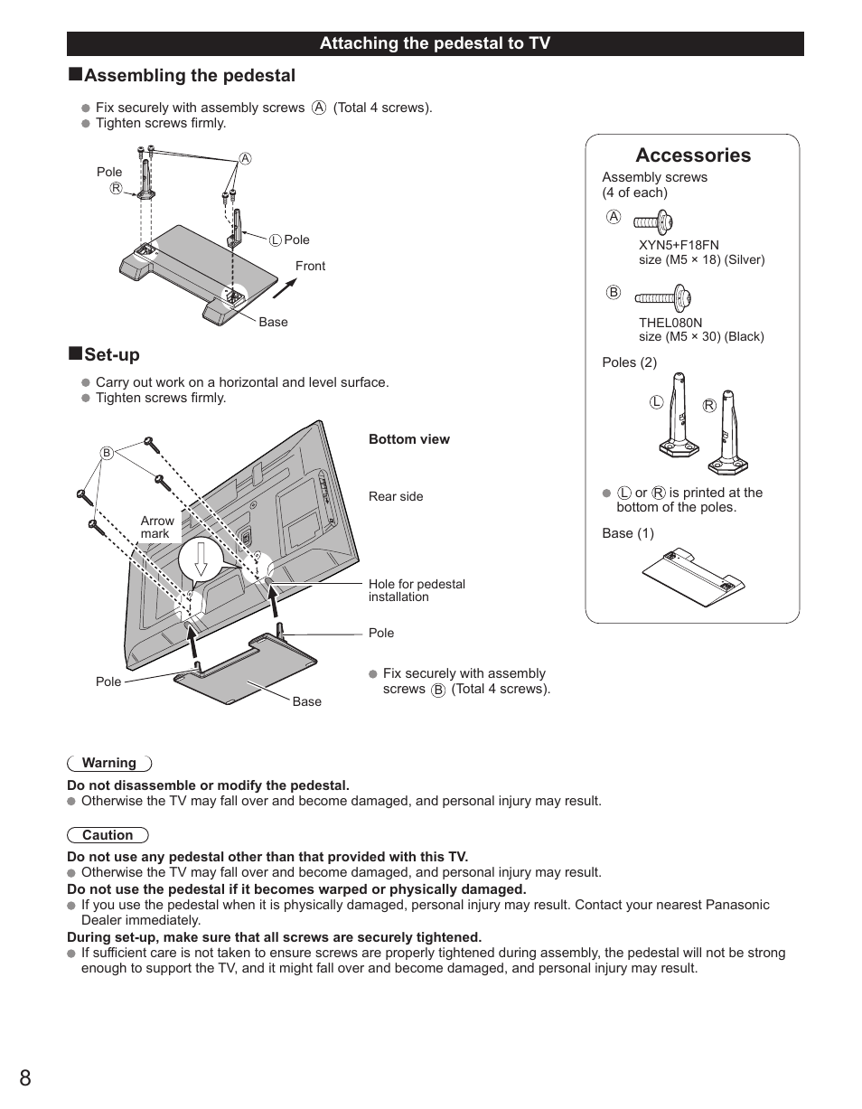 Accessories, Assembling the pedestal, Set-up | Panasonic TC-50PX34 User Manual | Page 9 / 62