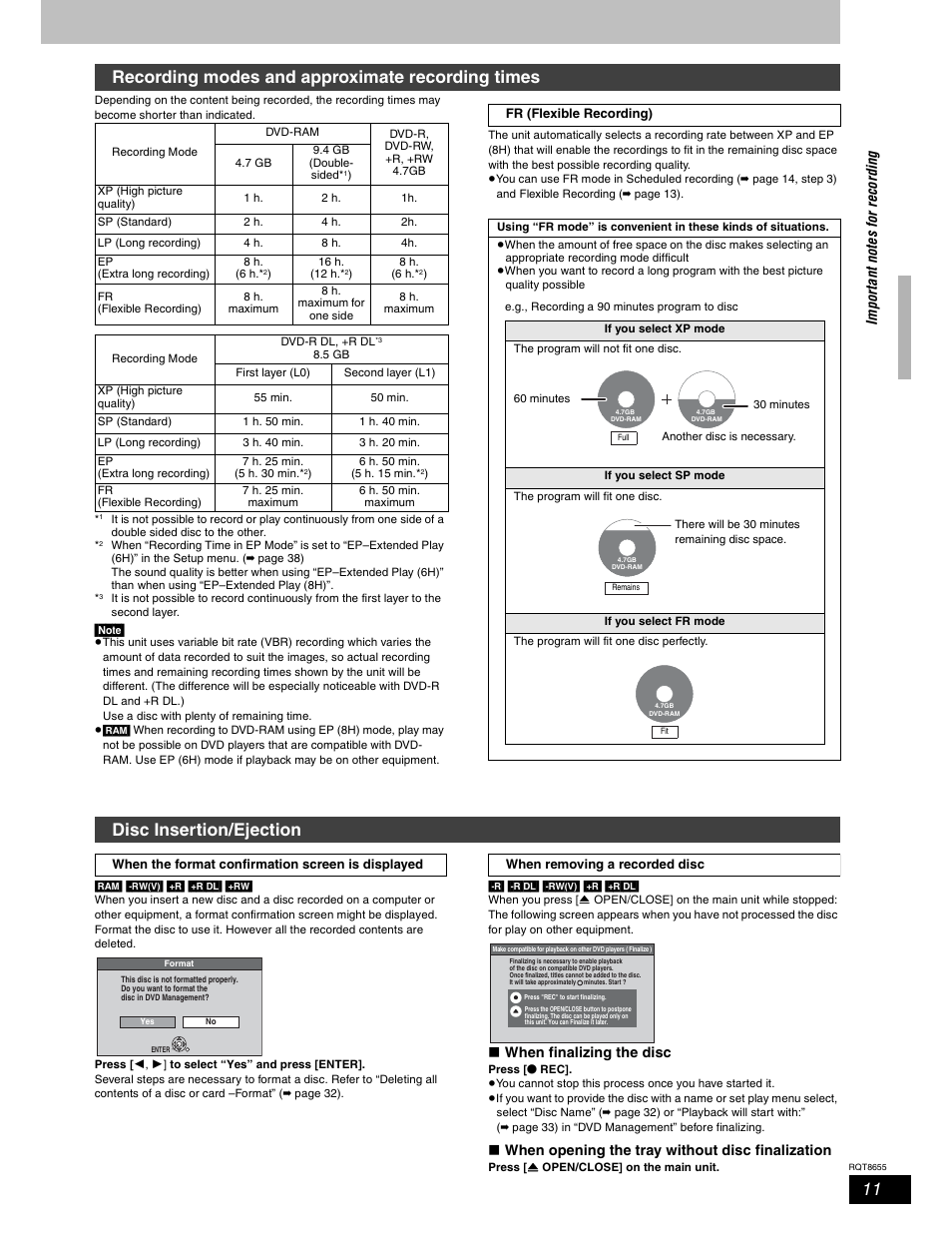 Recording modes and approximate recording times, Disc insertion/ejection | Panasonic SC-RT50 User Manual | Page 11 / 52