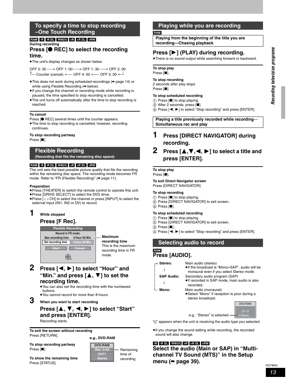 Press [ q rec] to select the recording time, Press [f rec, Press [  ] (play) during recording | Press [direct navigator] during recording, Press [audio, Playing while you are recording, Selecting audio to record | Panasonic SC-RT50 User Manual | Page 13 / 52