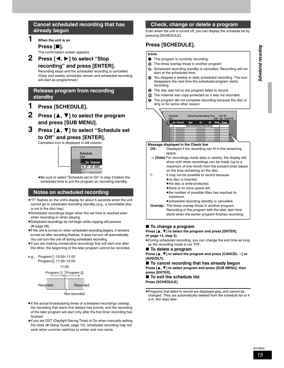 Press [ w, Press [schedule, Check, change or delete a program | Panasonic SC-RT50 User Manual | Page 15 / 52