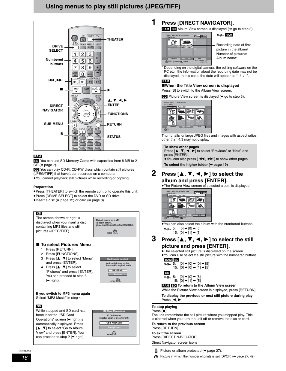 Using menus to play still pictures (jpeg/tiff), Press [direct navigator, W to select pictures menu | W when the title view screen is displayed | Panasonic SC-RT50 User Manual | Page 18 / 52