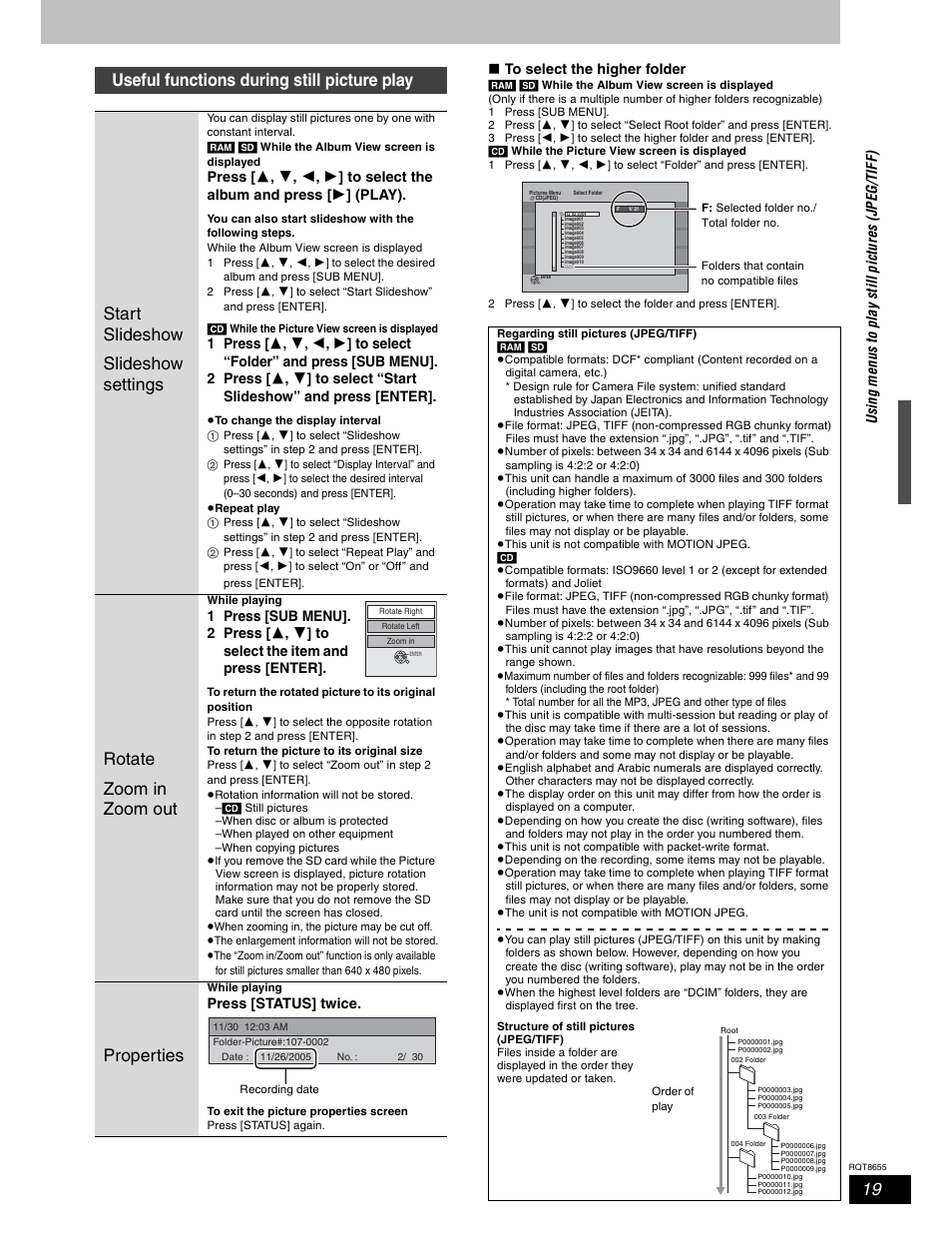 Rotate zoom in zoom out, Properties, W to select the higher folder | Press [status] twice | Panasonic SC-RT50 User Manual | Page 19 / 52
