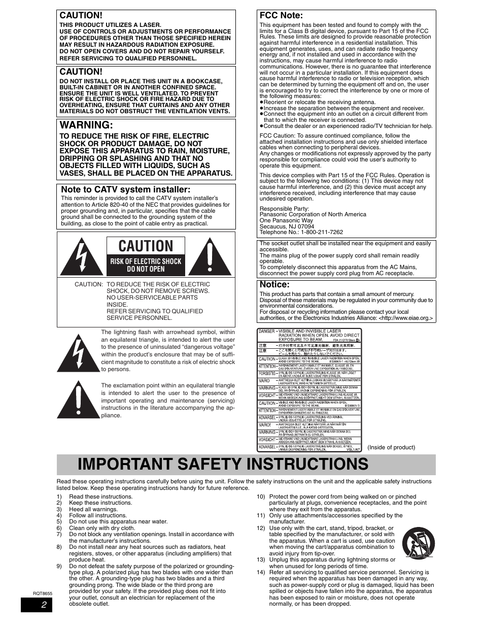 Getting started, Important safety instructions, Warning | Caution, Notice | Panasonic SC-RT50 User Manual | Page 2 / 52