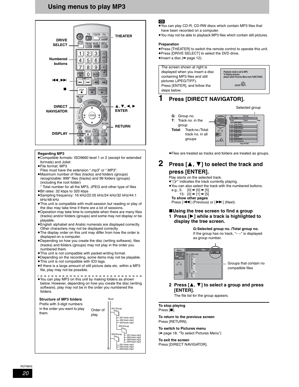 Using menus to play mp3, Press [direct navigator | Panasonic SC-RT50 User Manual | Page 20 / 52