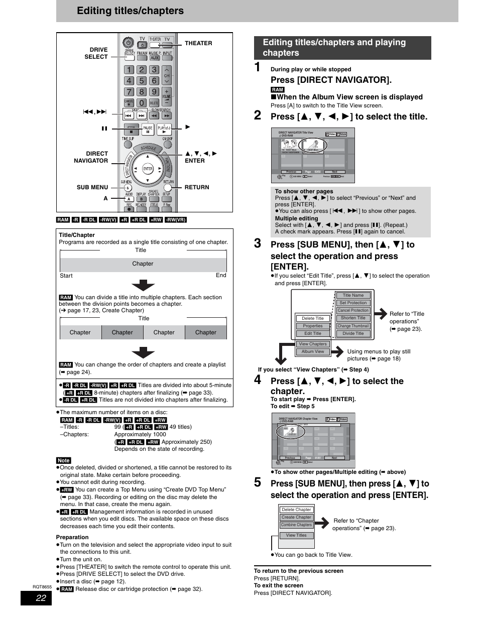 Editing & copying, Editing titles/chapters, Press [direct navigator | Press [  ,  ,  ,  ] to select the title, Press [  ,  ,  ,  ] to select the chapter, Editing titles/chapters and playing chapters, W when the album view screen is displayed | Panasonic SC-RT50 User Manual | Page 22 / 52