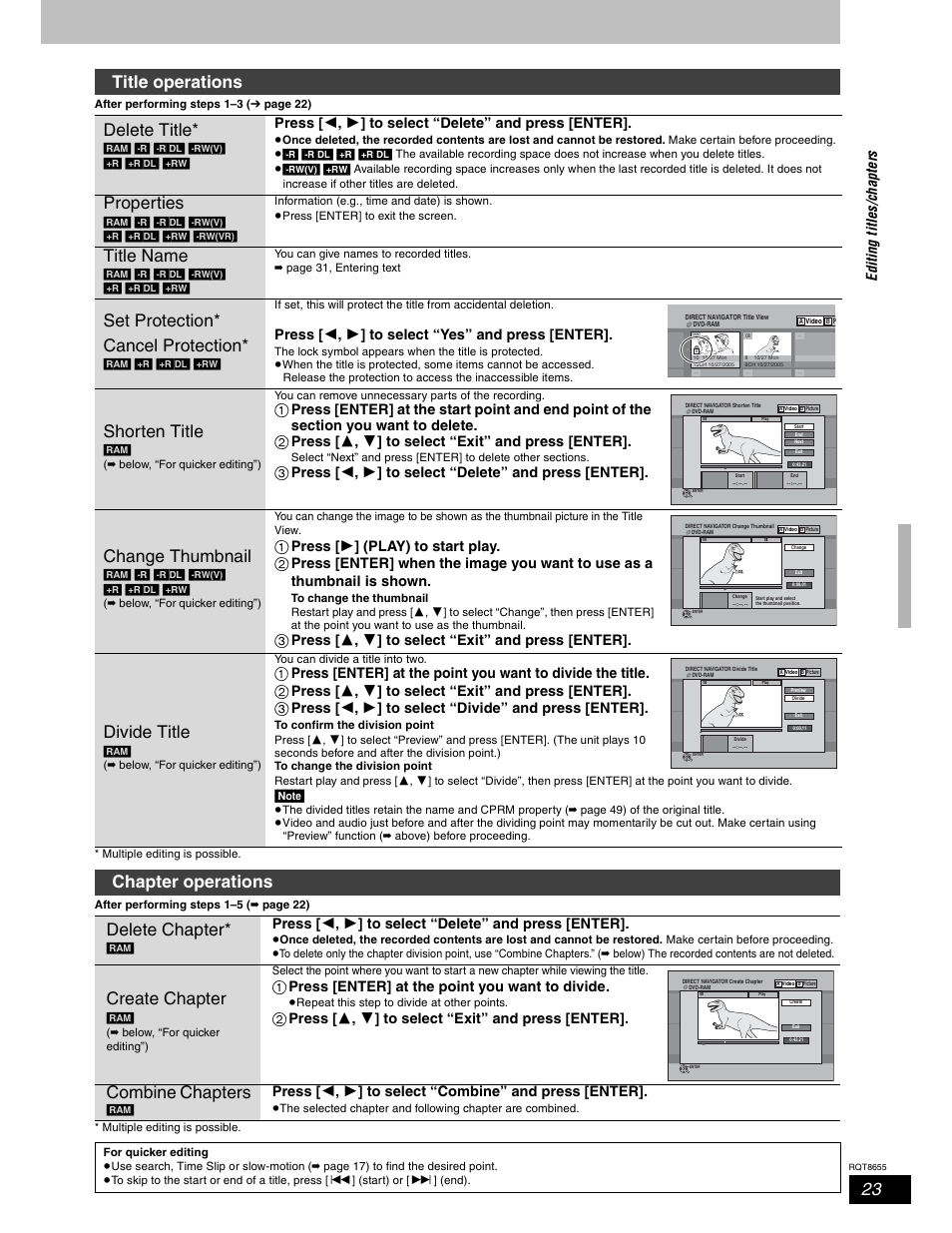 Title operations delete title, Properties, Title name | Set protection* cancel protection, Shorten title, Change thumbnail, Divide title, Chapter operations delete chapter, Create chapter, Combine chapters | Panasonic SC-RT50 User Manual | Page 23 / 52