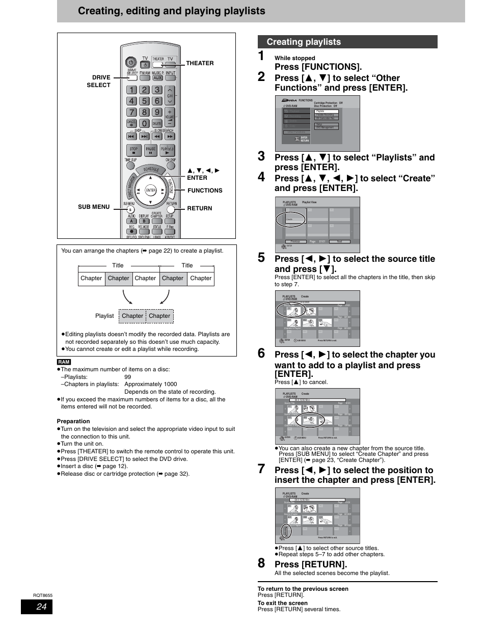 Creating, editing and playing playlists, Press [functions, Press [return | Creating playlists | Panasonic SC-RT50 User Manual | Page 24 / 52