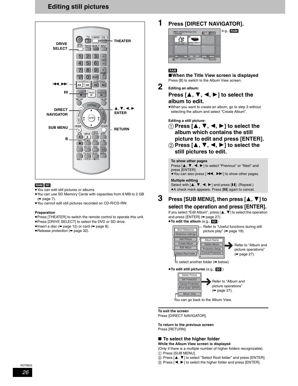 Editing still pictures, Press [direct navigator, W when the title view screen is displayed | W to select the higher folder | Panasonic SC-RT50 User Manual | Page 26 / 52