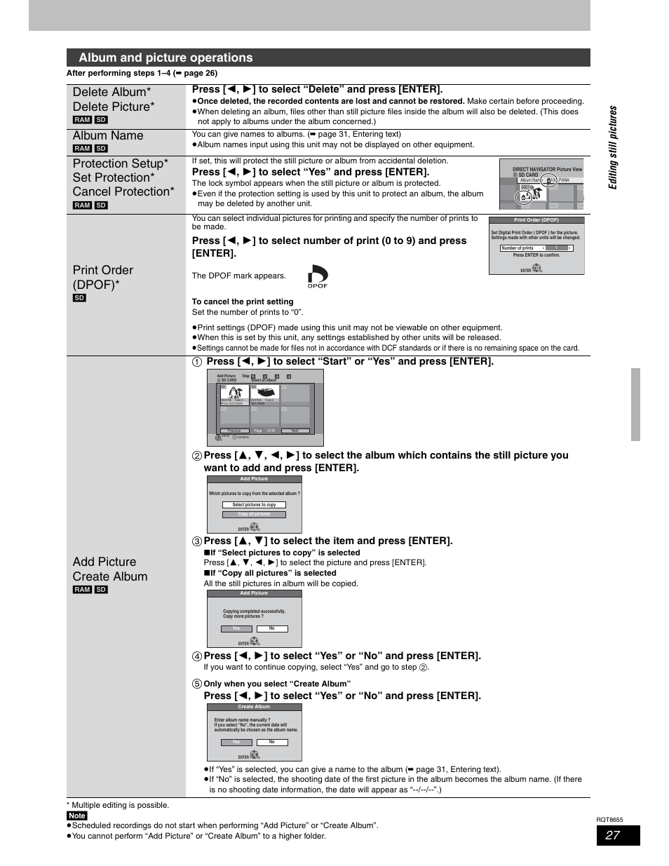 Album name, Print order (dpof), Add picture create album | Press [  ,  ] to select “yes” and press [enter, Ed itin g sti ll p ict u re s | Panasonic SC-RT50 User Manual | Page 27 / 52