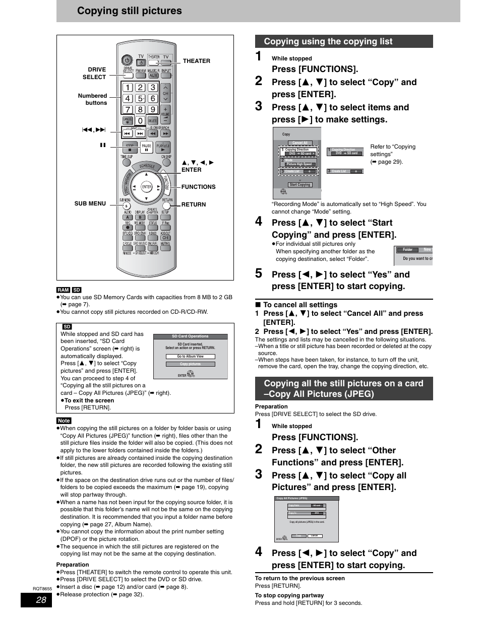 Copying still pictures, Press [functions, Press [  ,  ] to select “copy” and press [enter | Panasonic SC-RT50 User Manual | Page 28 / 52