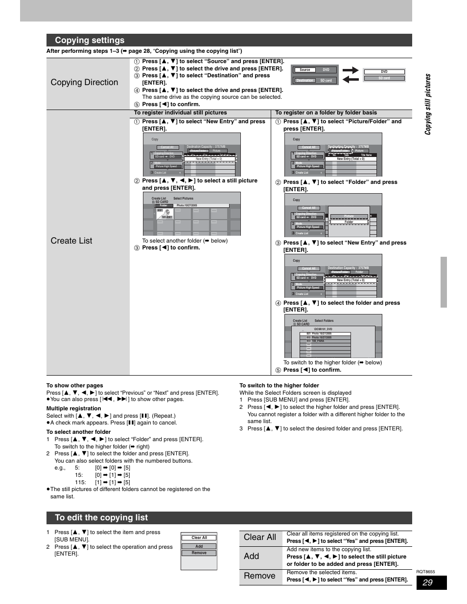 Copying settings copying direction, Create list, Clear all | Remove | Panasonic SC-RT50 User Manual | Page 29 / 52