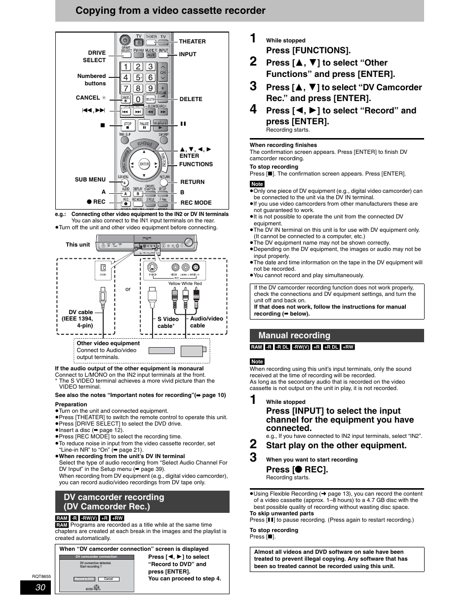 Copying from a video cassette recorder, Press [functions, Start play on the other equipment | Press [ q rec, Dv camcorder recording (dv camcorder rec.), Manual recording | Panasonic SC-RT50 User Manual | Page 30 / 52