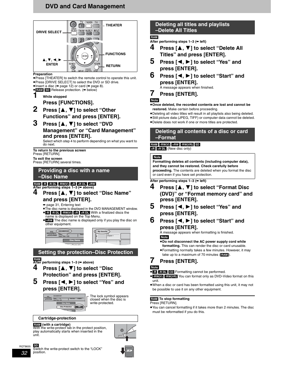 Dvd and card managment, Dvd and card management, Press [functions | Press [  ,  ] to select “yes” and press [enter, Press [  ,  ] to select “start” and press [enter, Press [enter | Panasonic SC-RT50 User Manual | Page 32 / 52