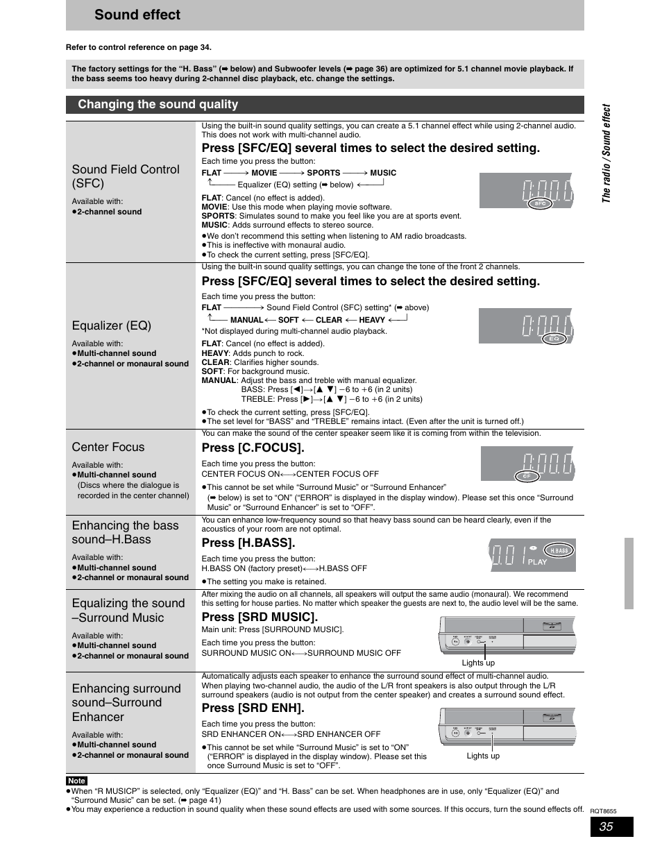 Sound effect, Equalizer (eq), Center focus | Press [c.focus, Enhancing the bass sound–h.bass, Press [h.bass, Equalizing the sound –surround music, Press [srd music, Enhancing surround sound–surround enhancer, Press [srd enh | Panasonic SC-RT50 User Manual | Page 35 / 52