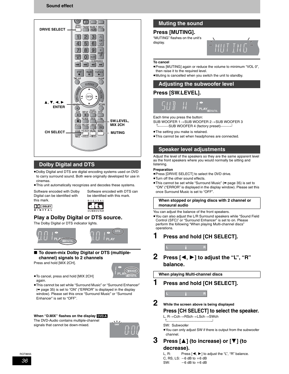 Play a dolby digital or dts source, Press [muting, Press [sw.level | Press and hold [ch select, Press [  ,  ] to adjust the “l”, “r” balance, Press [ch select] to select the speaker, Press [  ] (to increase) or [  ] (to decrease), Dolby digital and dts | Panasonic SC-RT50 User Manual | Page 36 / 52
