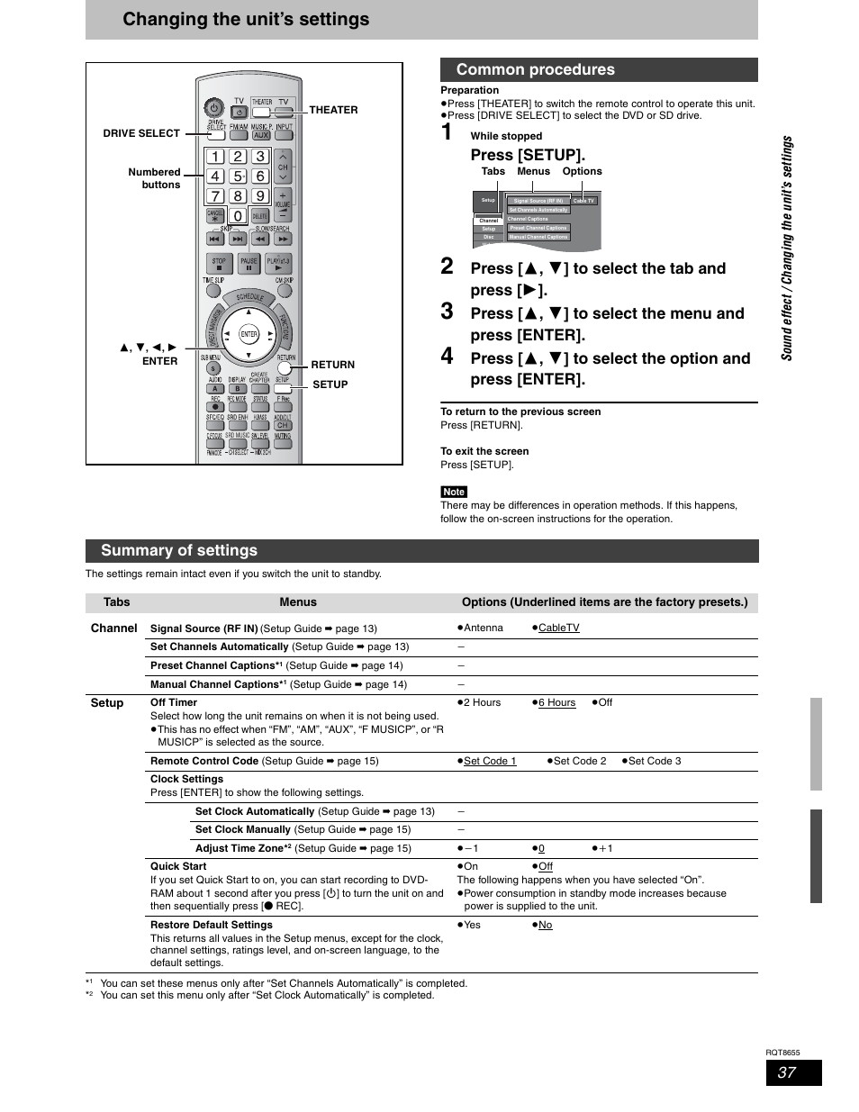 Settings, Changing the unit's settings, Changing the unit’s settings | Press [setup, Press [  ,  ] to select the tab and press, Common procedures, Summary of settings | Panasonic SC-RT50 User Manual | Page 37 / 52