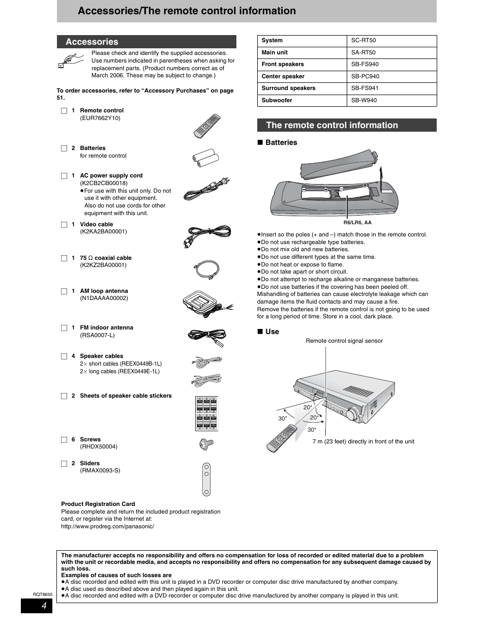 Accessories/the remote control information, Accessories, The remote control information | W batteries, W use | Panasonic SC-RT50 User Manual | Page 4 / 52