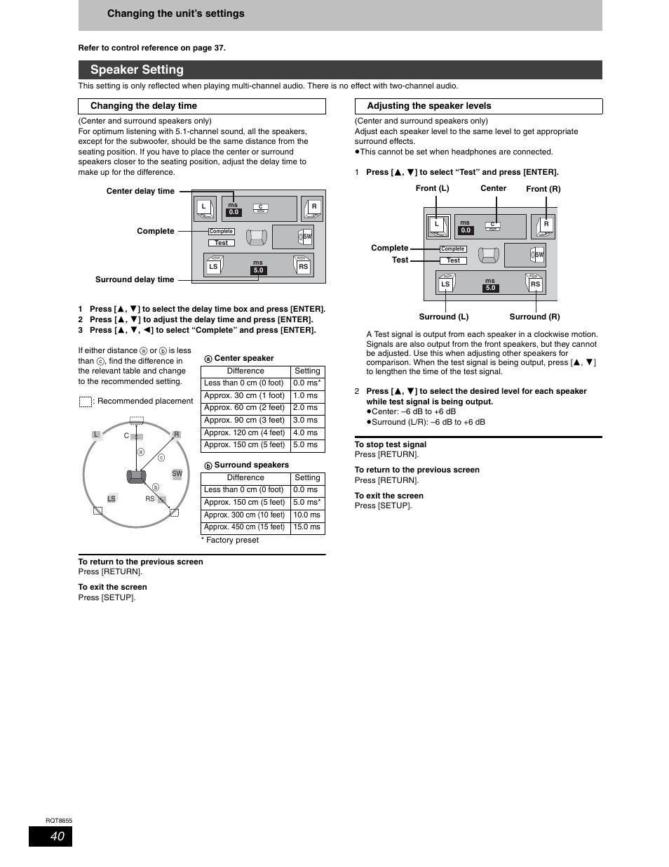 Speaker setting | Panasonic SC-RT50 User Manual | Page 40 / 52