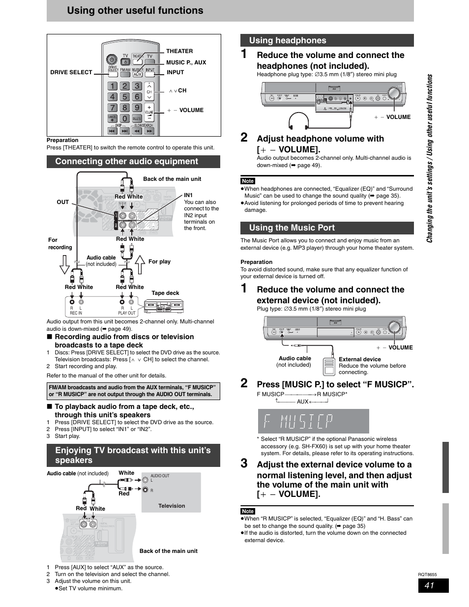 Info, Using other useful functions, Adjust headphone volume with [ a b volume | Press [music p.] to select “f musicp, Connecting other audio equipment, Enjoying tv broadcast with this unit’s speakers, Using headphones using the music port | Panasonic SC-RT50 User Manual | Page 41 / 52