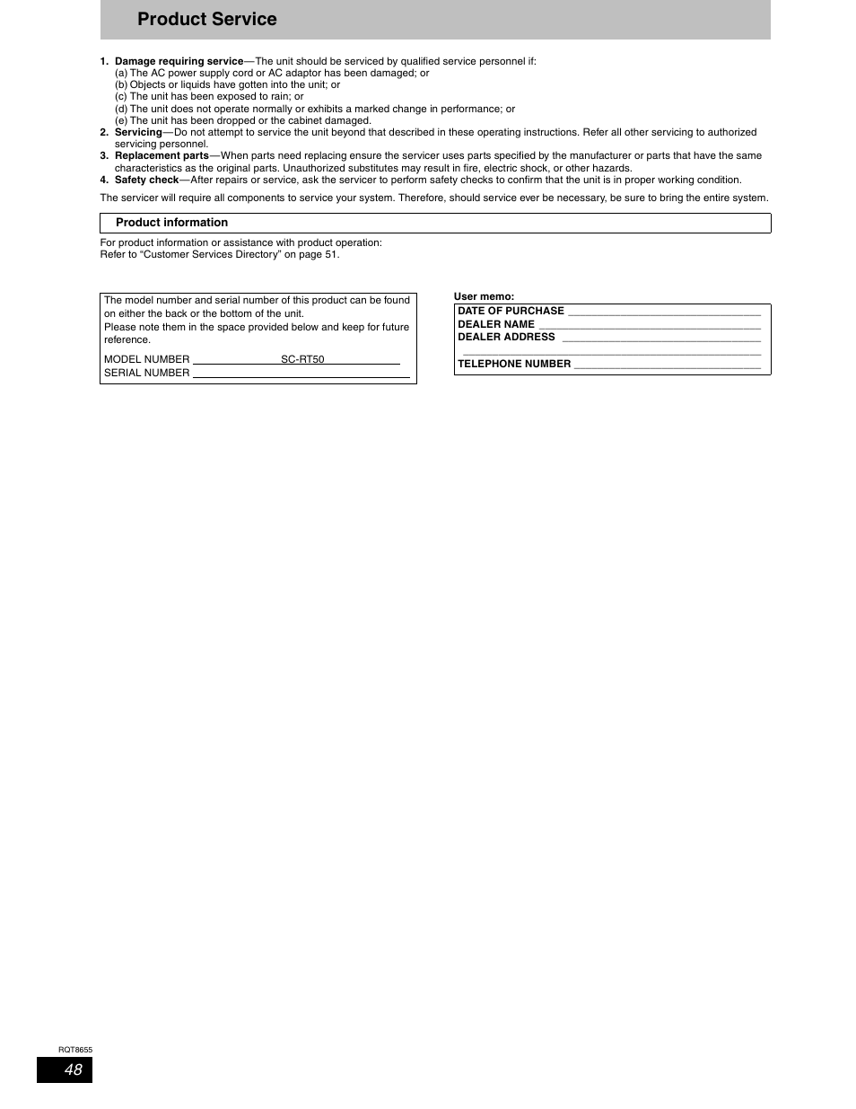 Product service | Panasonic SC-RT50 User Manual | Page 48 / 52