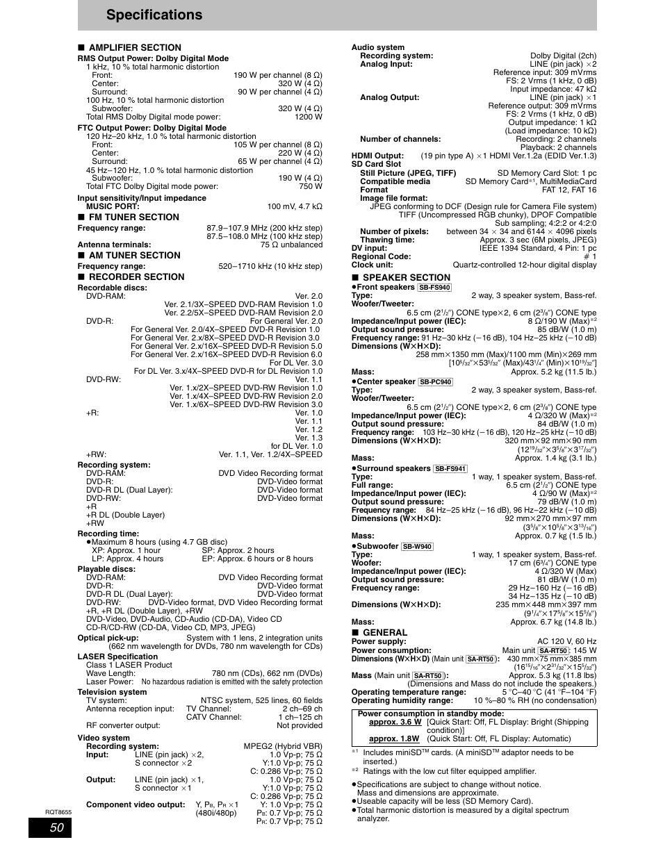 Specifications | Panasonic SC-RT50 User Manual | Page 50 / 52