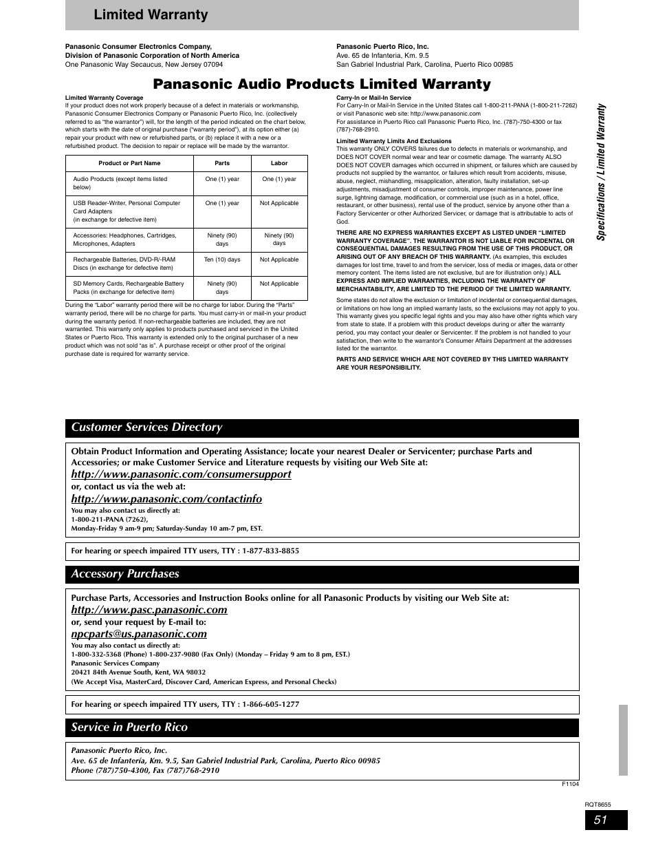 Limited warranty, Panasonic audio products limited warranty, Customer services directory | Accessory purchases, Service in puerto rico | Panasonic SC-RT50 User Manual | Page 51 / 52