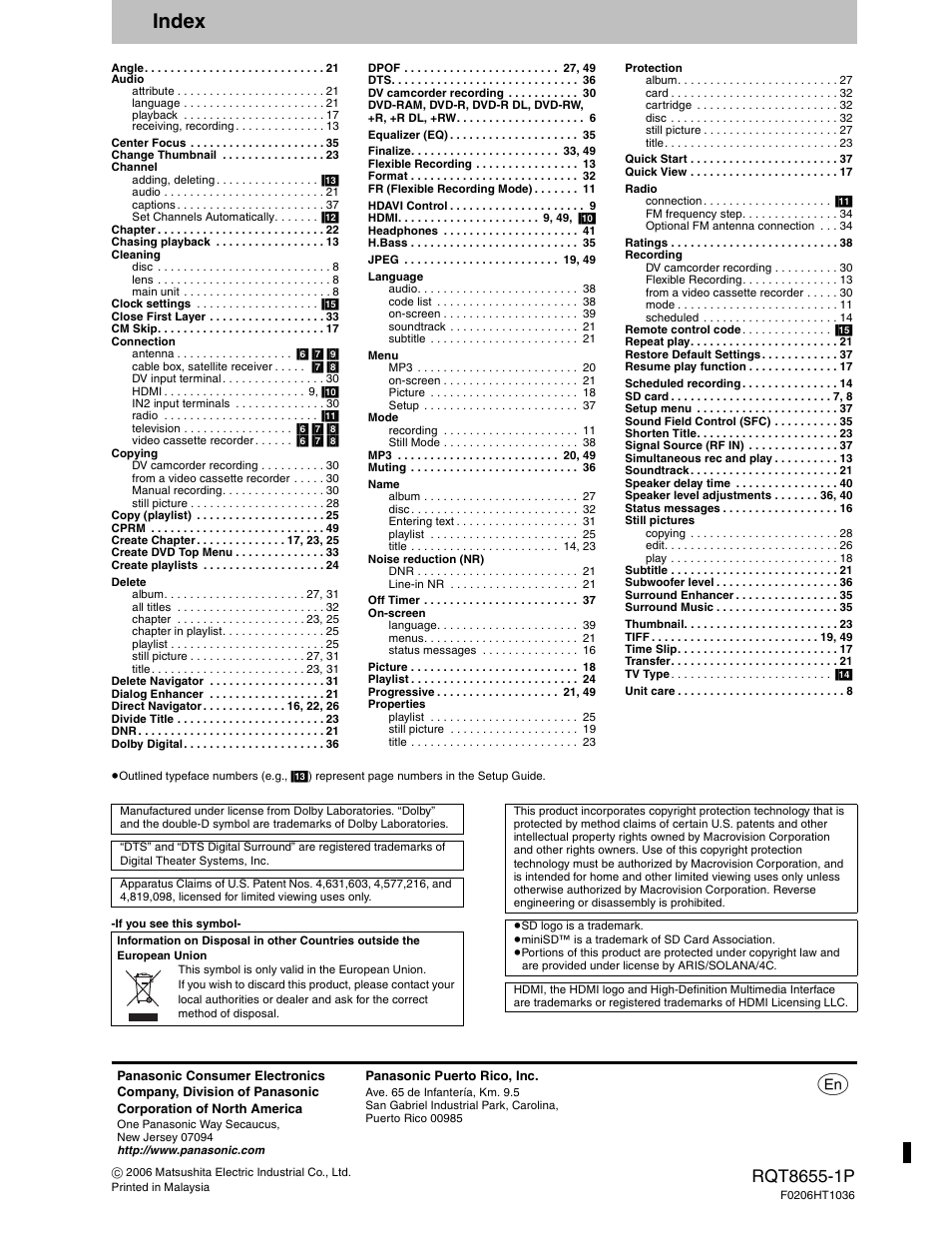 Index | Panasonic SC-RT50 User Manual | Page 52 / 52