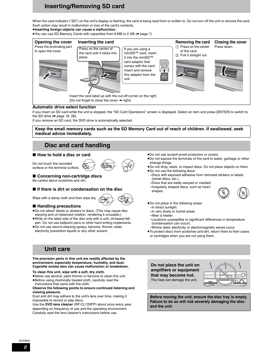 Inserting/removing sd card, Disc and card handling, Unit care | Disc and card handling unit care | Panasonic SC-RT50 User Manual | Page 8 / 52