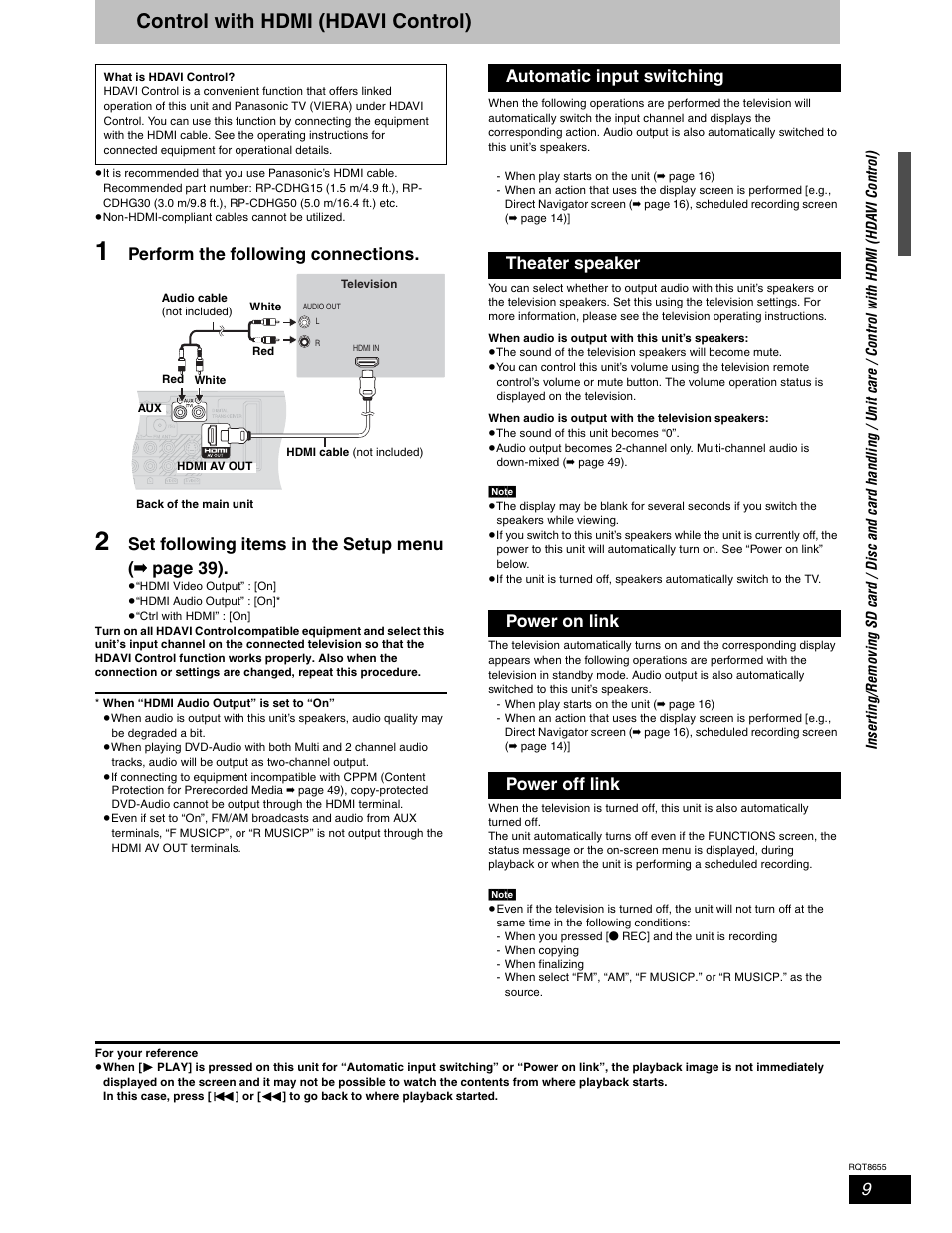 Control with hdmi (hdavi control), Perform the following connections, Set following items in the setup menu ( ➡ page 39) | Panasonic SC-RT50 User Manual | Page 9 / 52