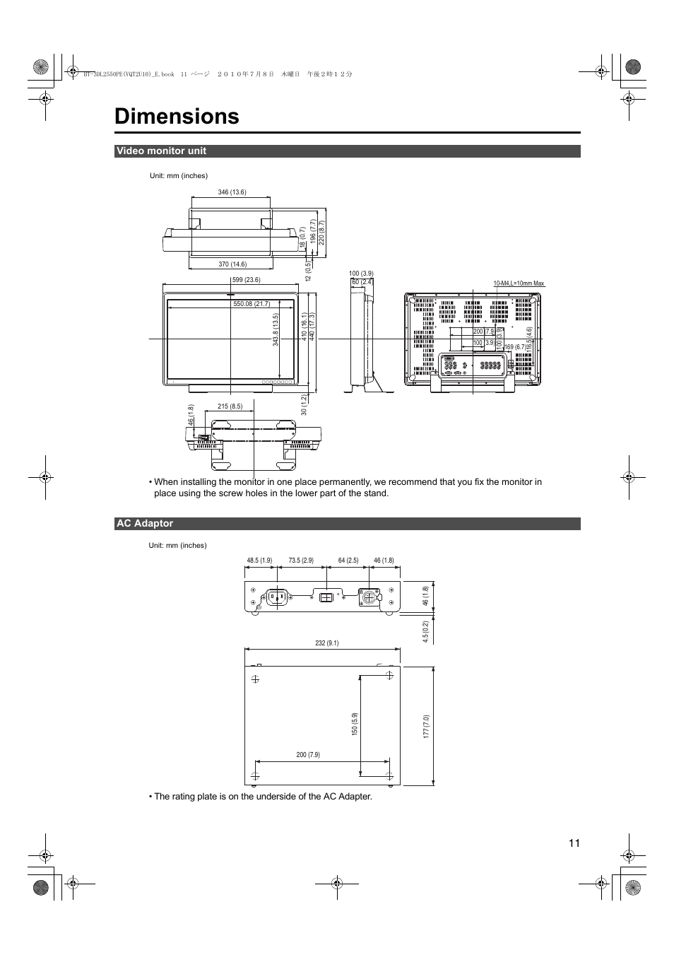 Dimensions, Video monitor unit ac adaptor | Panasonic BT-3DL2550E User Manual | Page 11 / 64