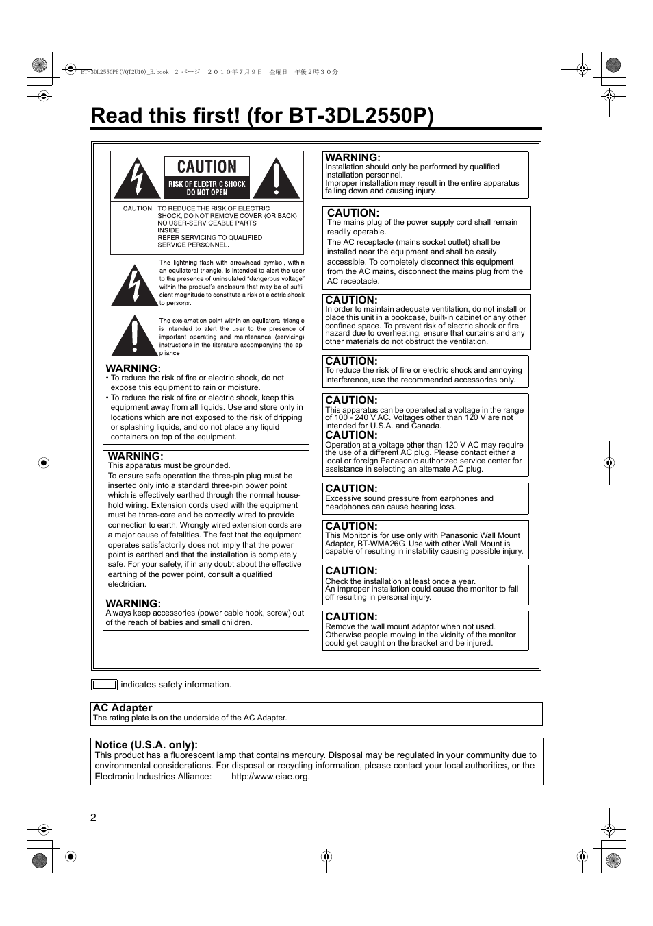 Read this first! (for bt-3dl2550p) | Panasonic BT-3DL2550E User Manual | Page 2 / 64