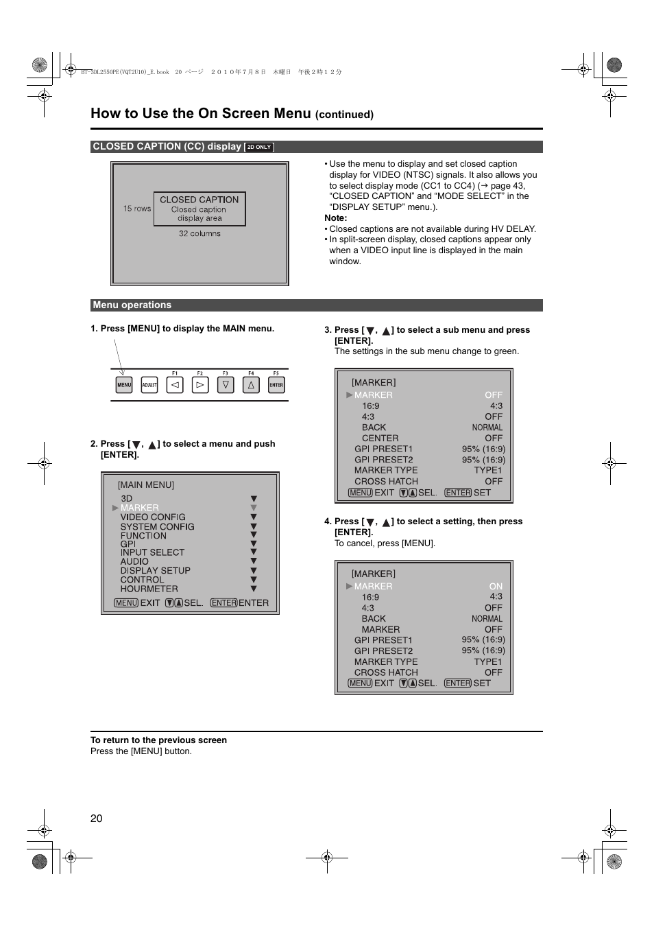 How to use the on screen menu | Panasonic BT-3DL2550E User Manual | Page 20 / 64