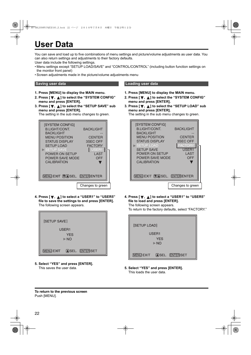 User data | Panasonic BT-3DL2550E User Manual | Page 22 / 64