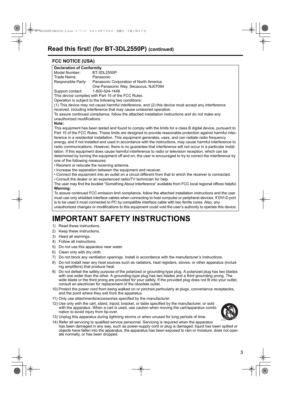 Important safety instructions | Panasonic BT-3DL2550E User Manual | Page 3 / 64