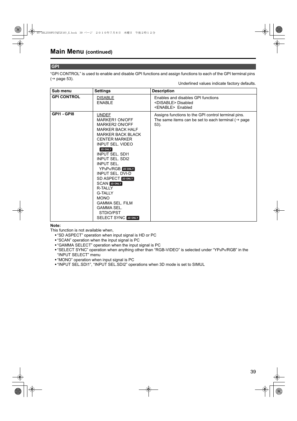 Main menu | Panasonic BT-3DL2550E User Manual | Page 39 / 64