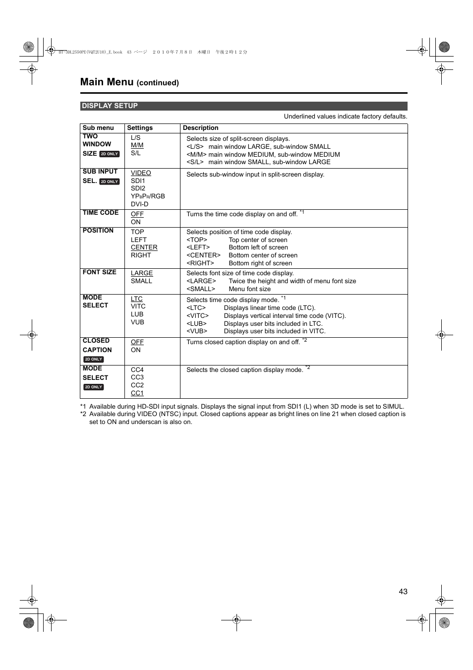 Display setup, Main menu | Panasonic BT-3DL2550E User Manual | Page 43 / 64