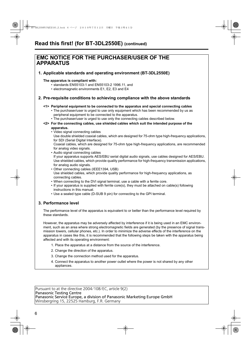 Emc notice for the purchaser/user of the apparatus | Panasonic BT-3DL2550E User Manual | Page 6 / 64