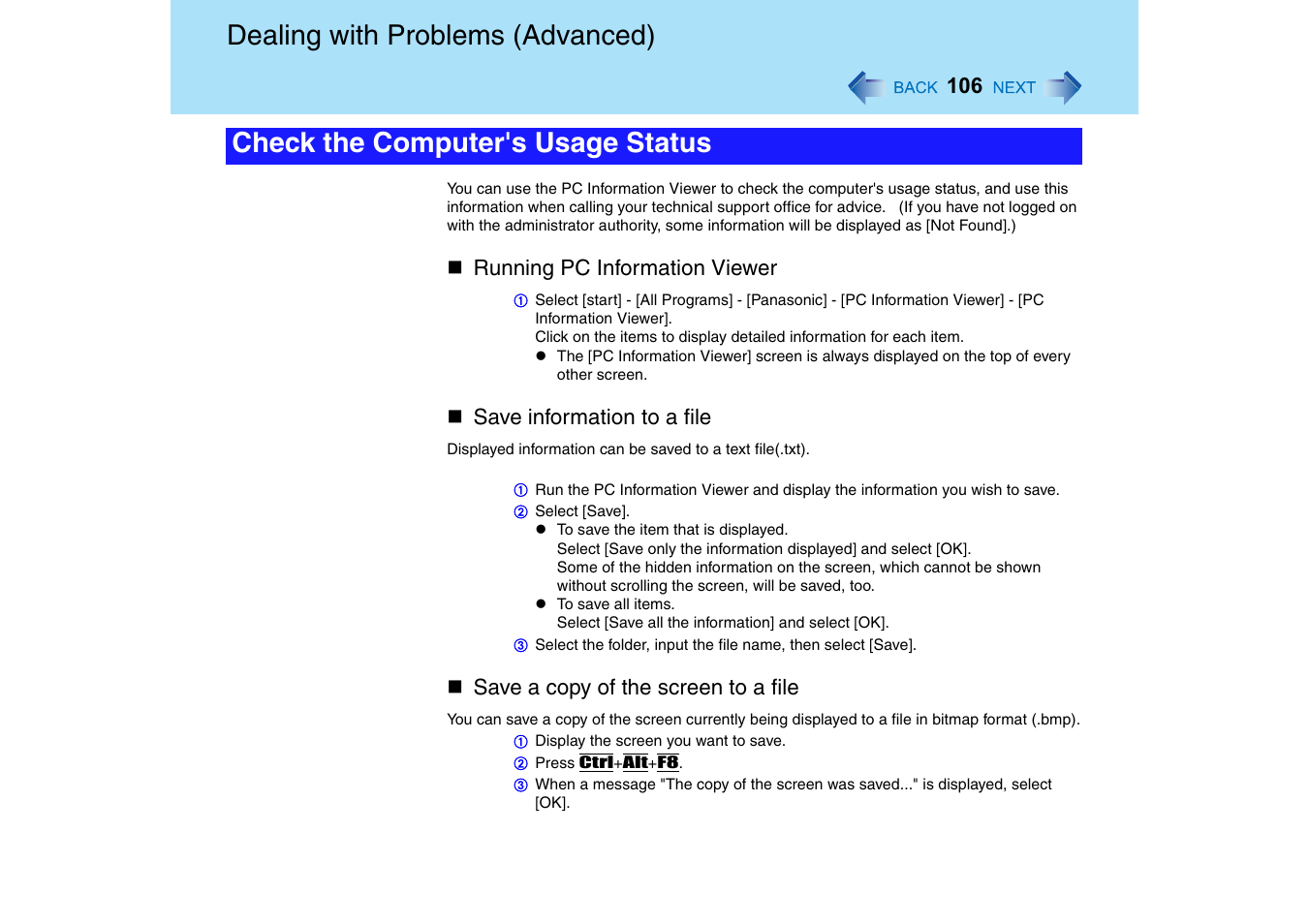 Check the computer's usage status, Dealing with problems (advanced) | Panasonic CF-T2 Series User Manual | Page 106 / 108