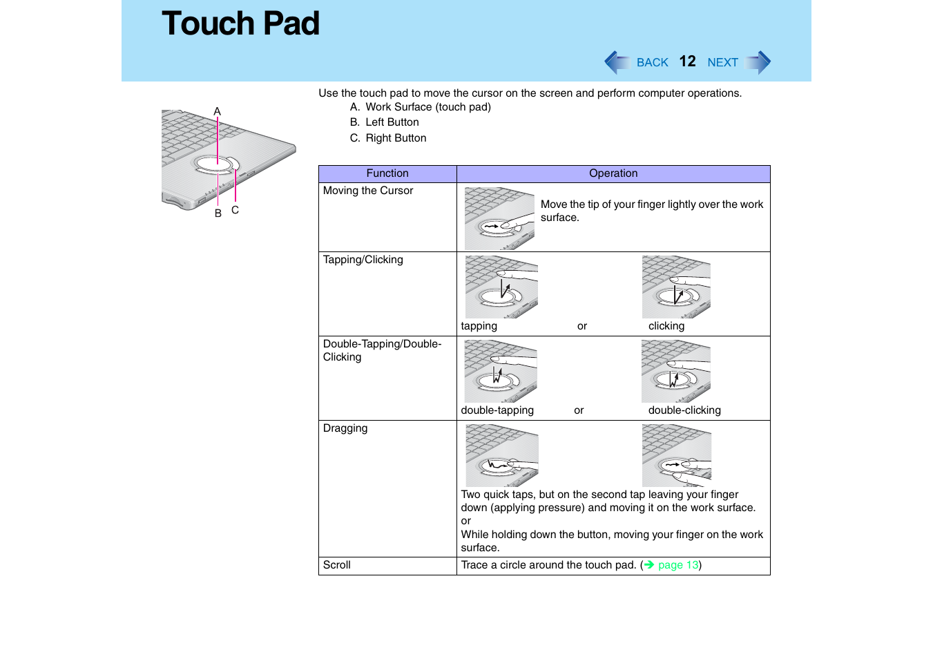 Touch pad | Panasonic CF-T2 Series User Manual | Page 12 / 108