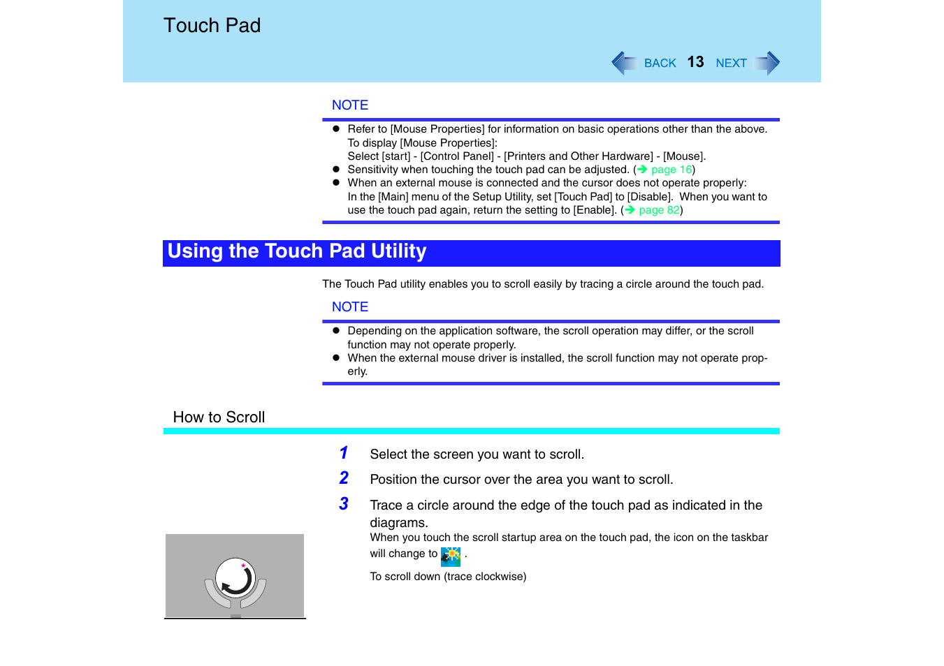 Touch pad, Using the touch pad utility | Panasonic CF-T2 Series User Manual | Page 13 / 108