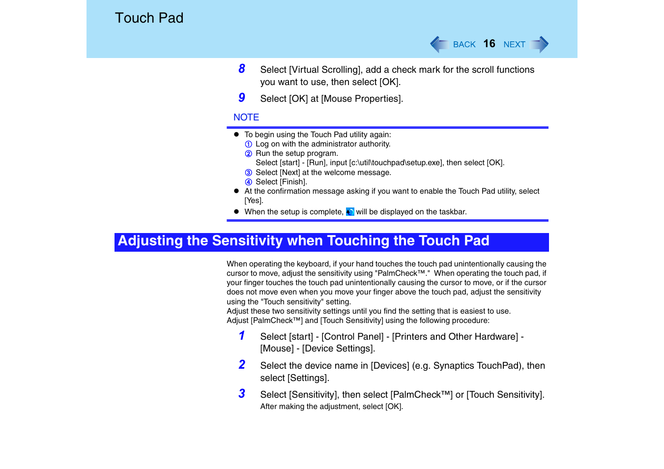 Touch pad | Panasonic CF-T2 Series User Manual | Page 16 / 108