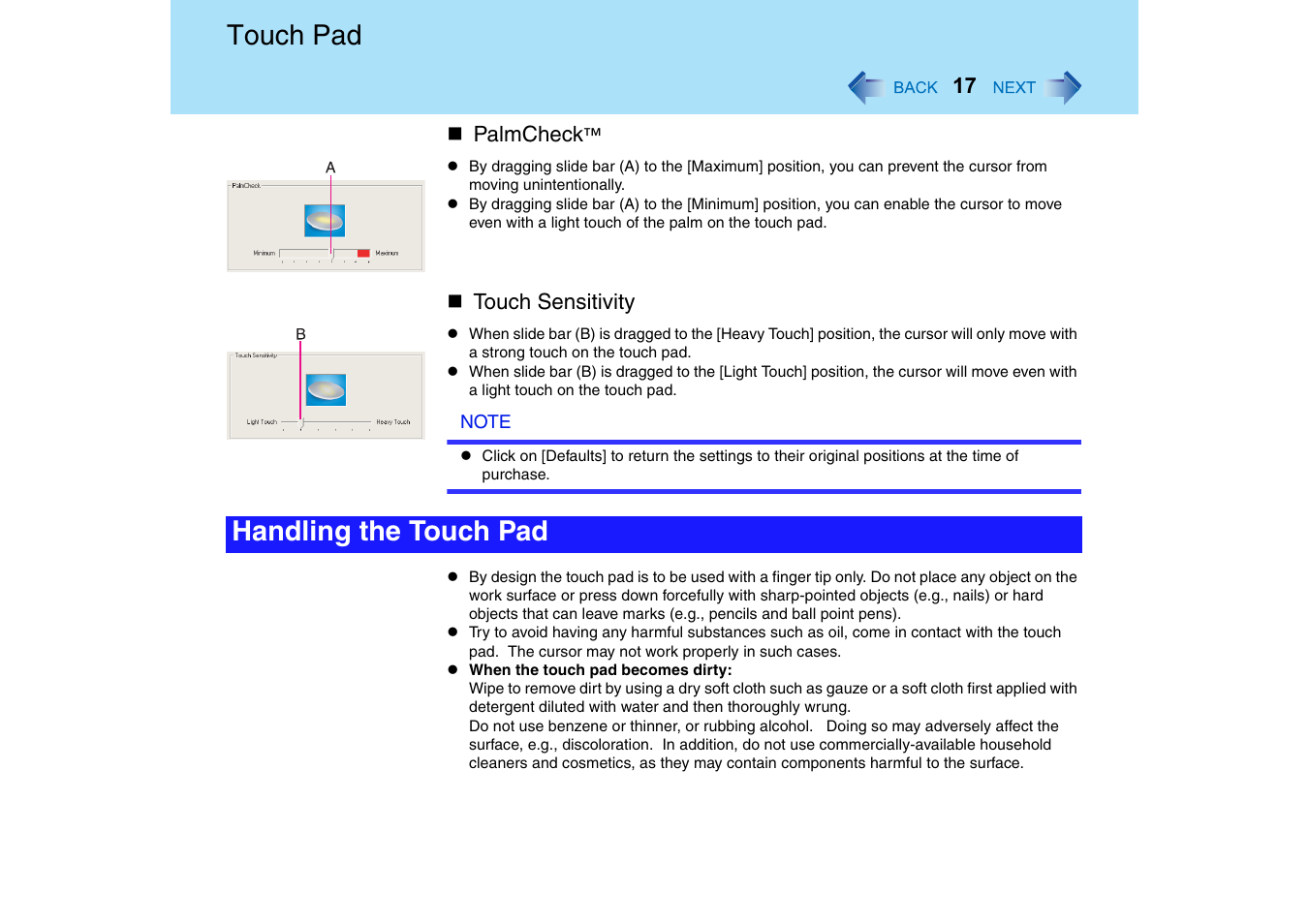 Touch pad, Handling the touch pad | Panasonic CF-T2 Series User Manual | Page 17 / 108