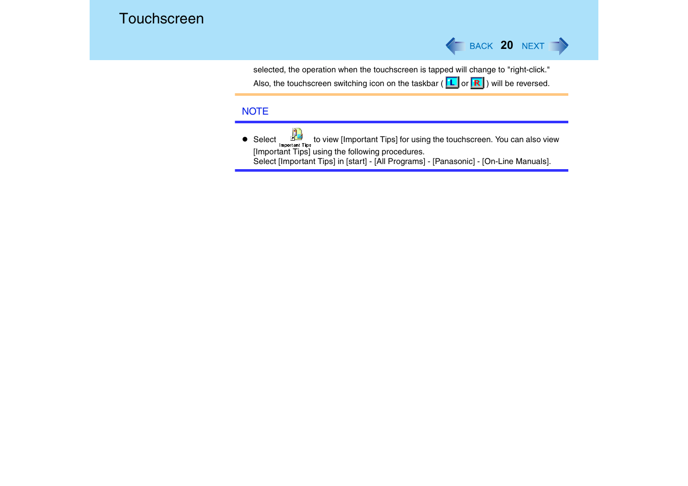 Touchscreen | Panasonic CF-T2 Series User Manual | Page 20 / 108