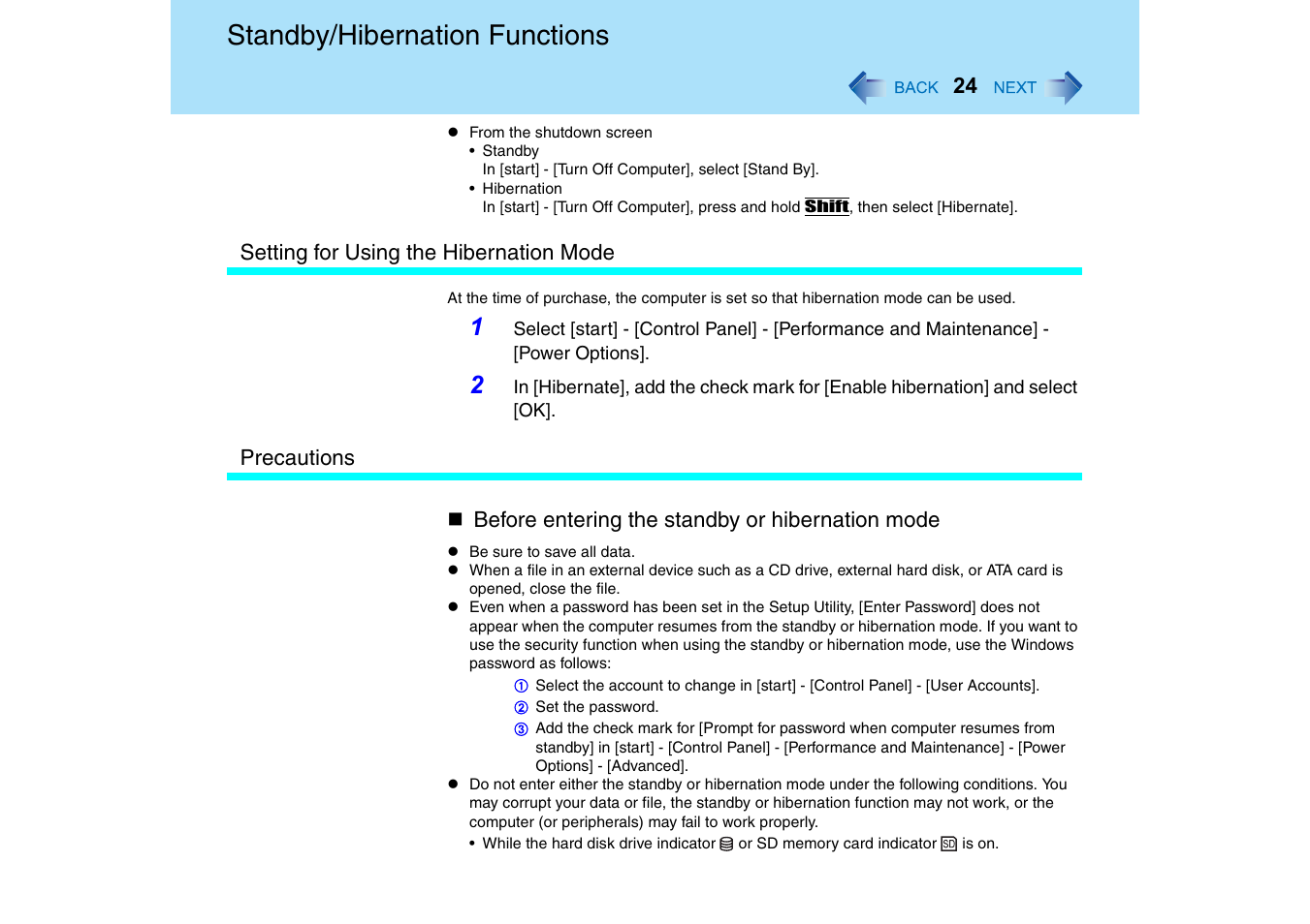 Standby/hibernation functions | Panasonic CF-T2 Series User Manual | Page 24 / 108